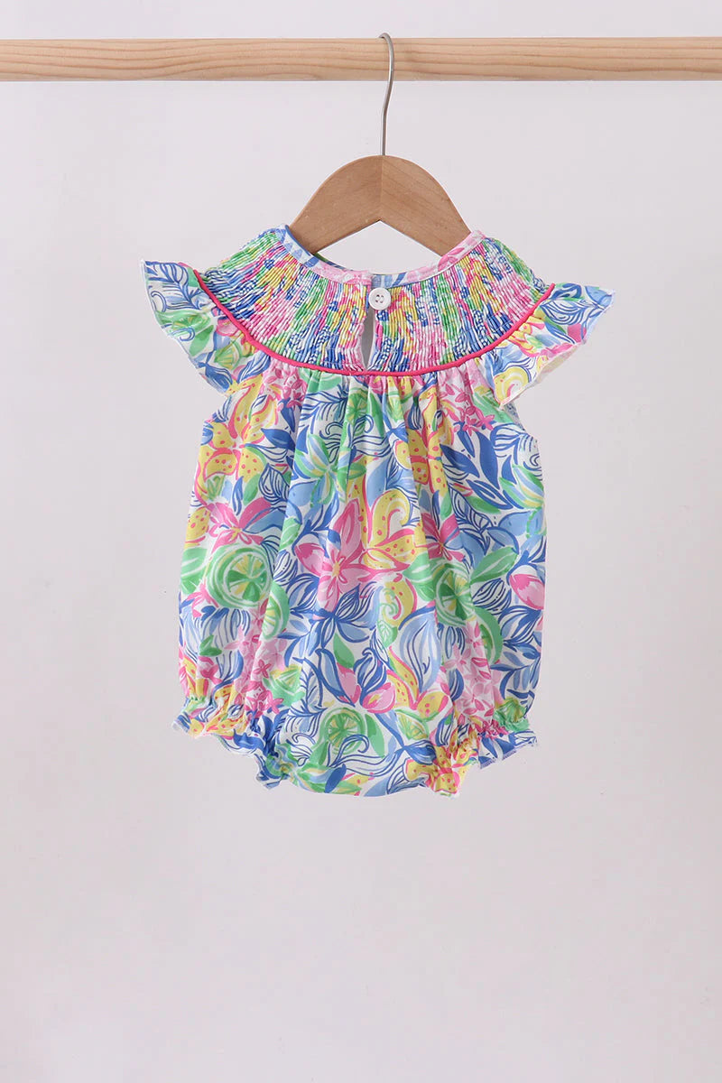 Tropical floral smocked ruffle bubble
