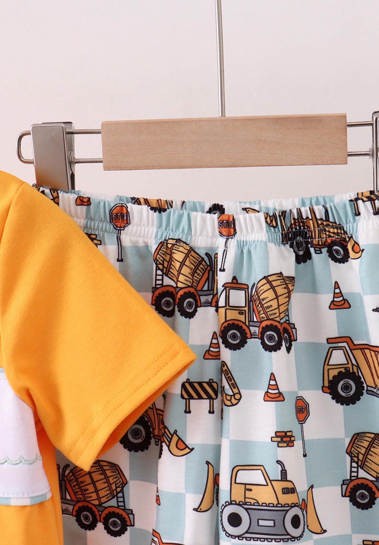 Construction vehicle embroidery shorts set