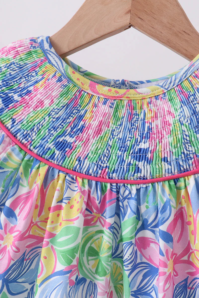 Tropical floral smocked ruffle dress
