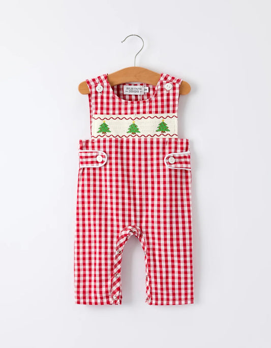 Christmas Smocking Embroidered Christmas Tree Plaid Baby Boy Romper
