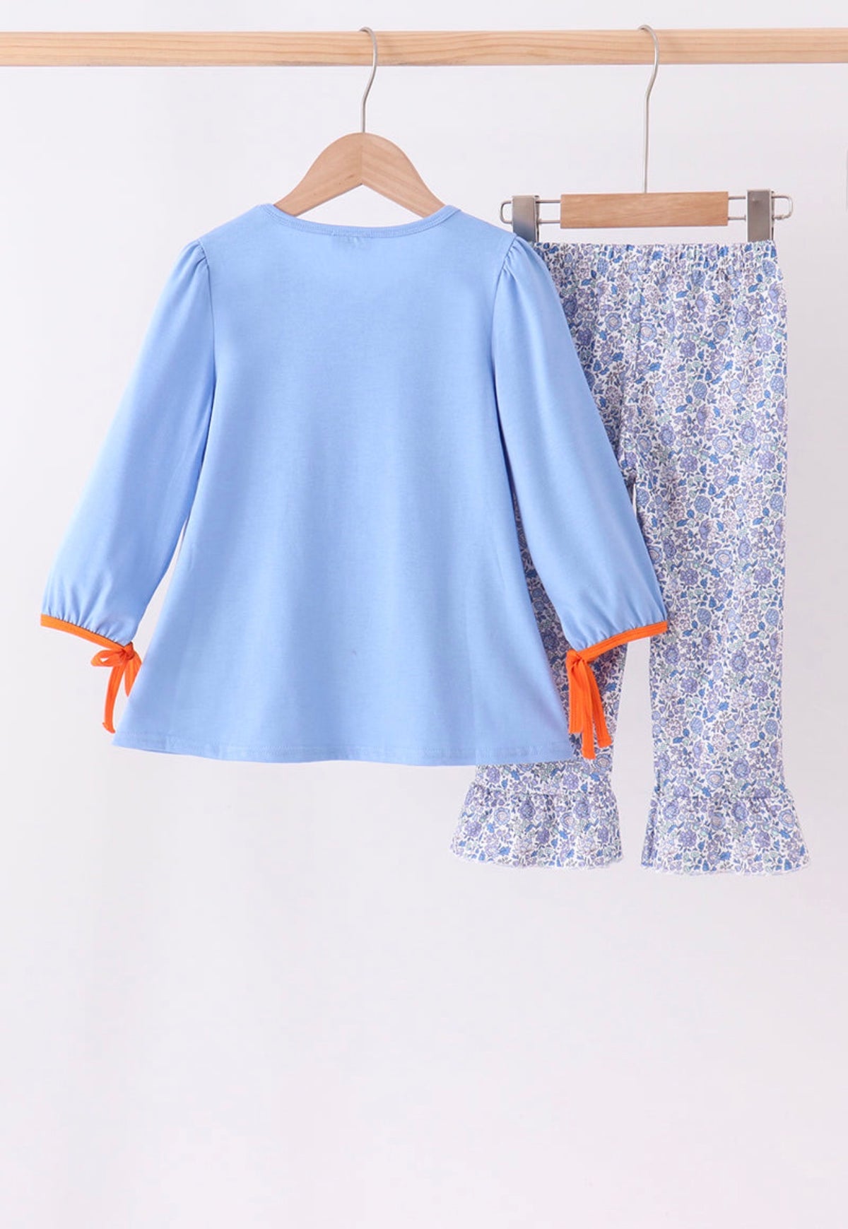 Blue pumpkin applique ruffle pants set