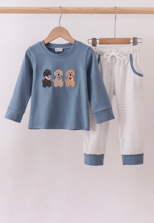 Blue puppy embroidery boy’s pants set