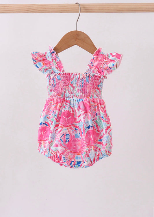 Pink floral smocked ruffle bubble