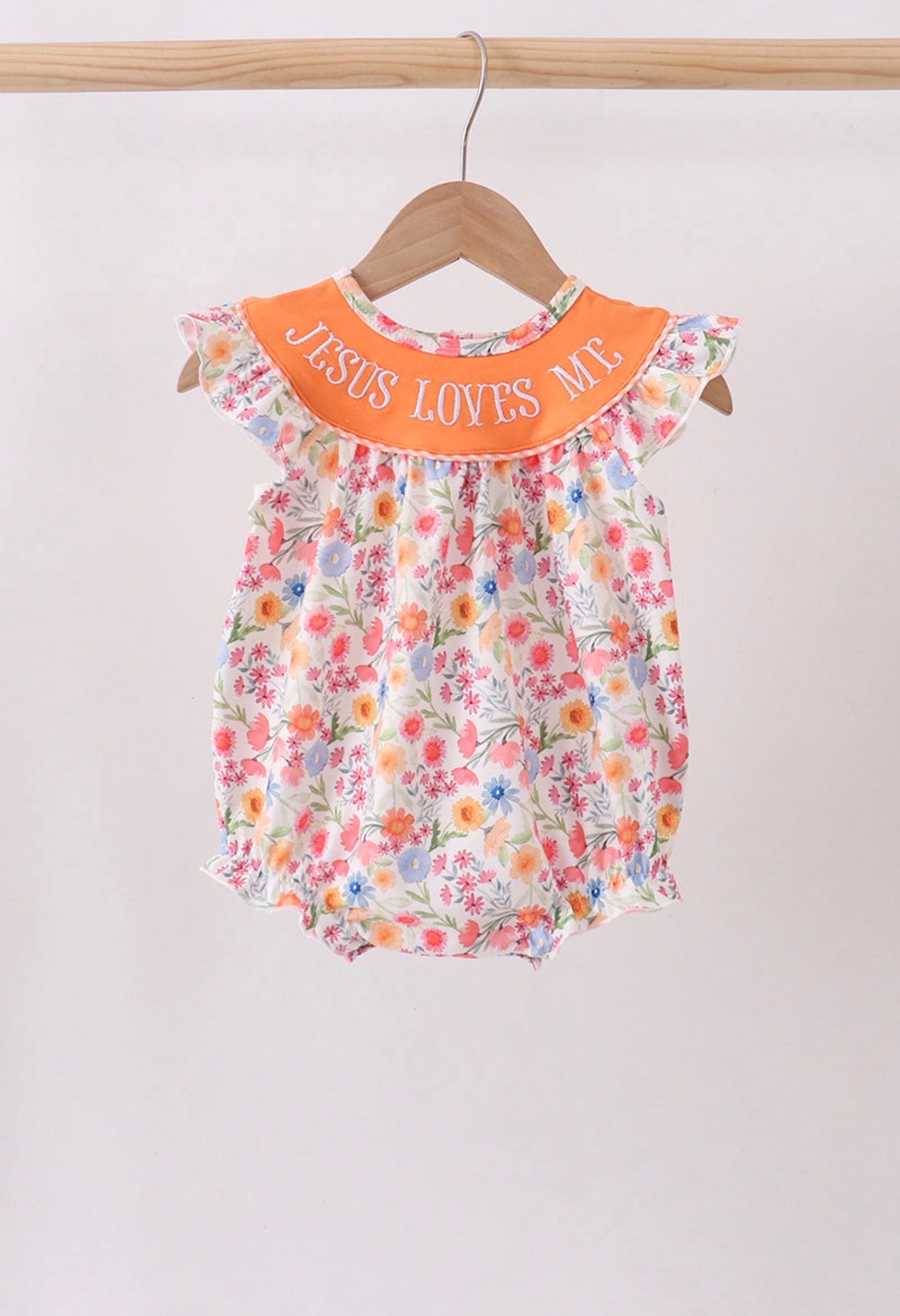 Coral Jesus Loves Me embroidered floral bubble