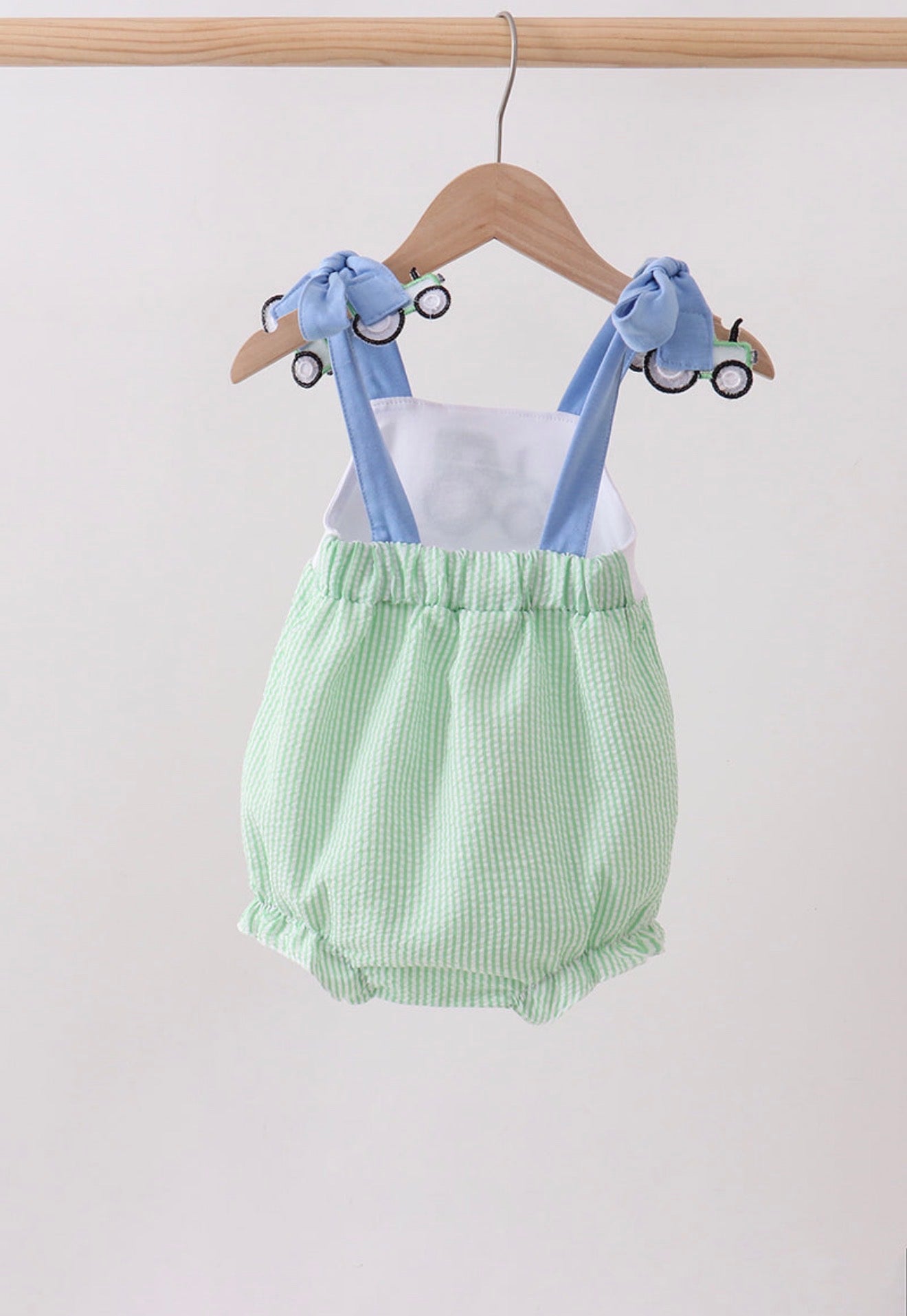 Green tractor appliqué seersucker bubble