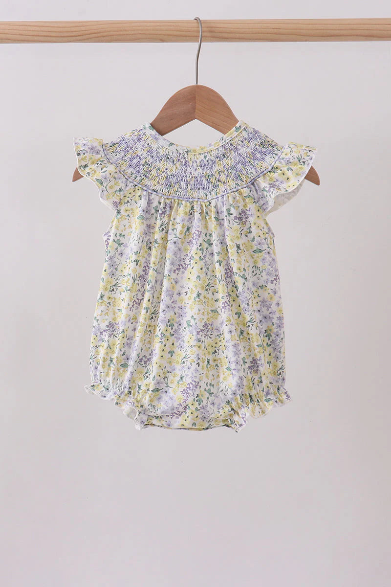 Golden meadow floral smocked ruffle bubble