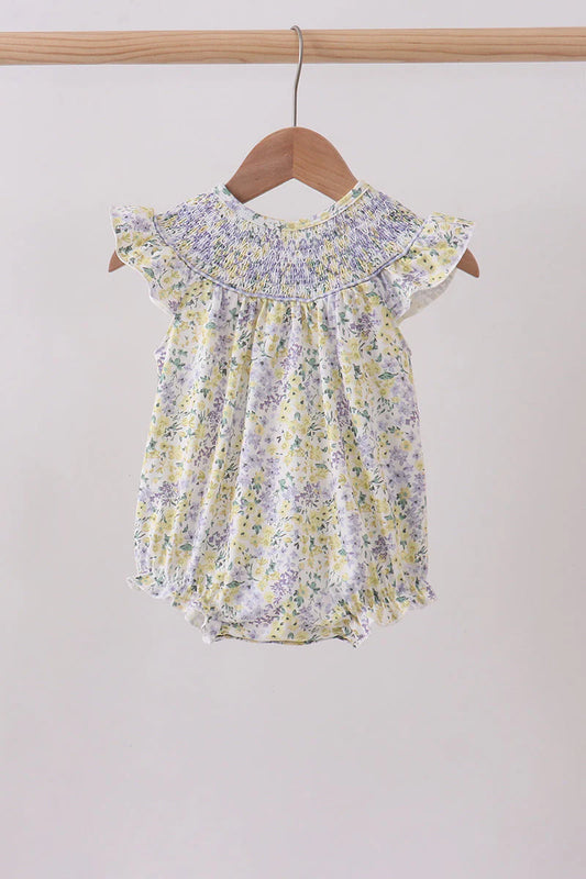 Golden meadow floral smocked ruffle bubble