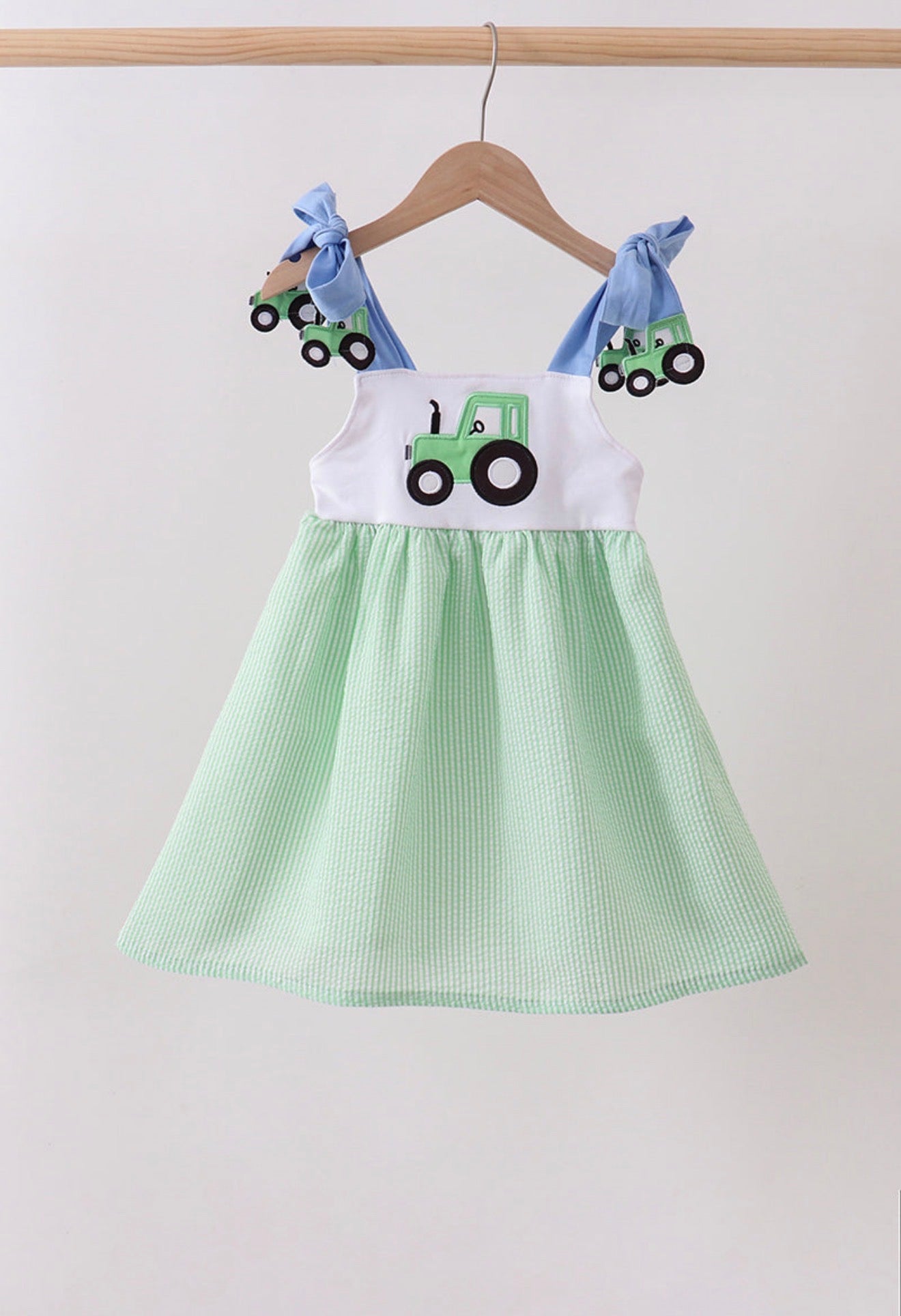 Green tractor appliqué seersucker dress