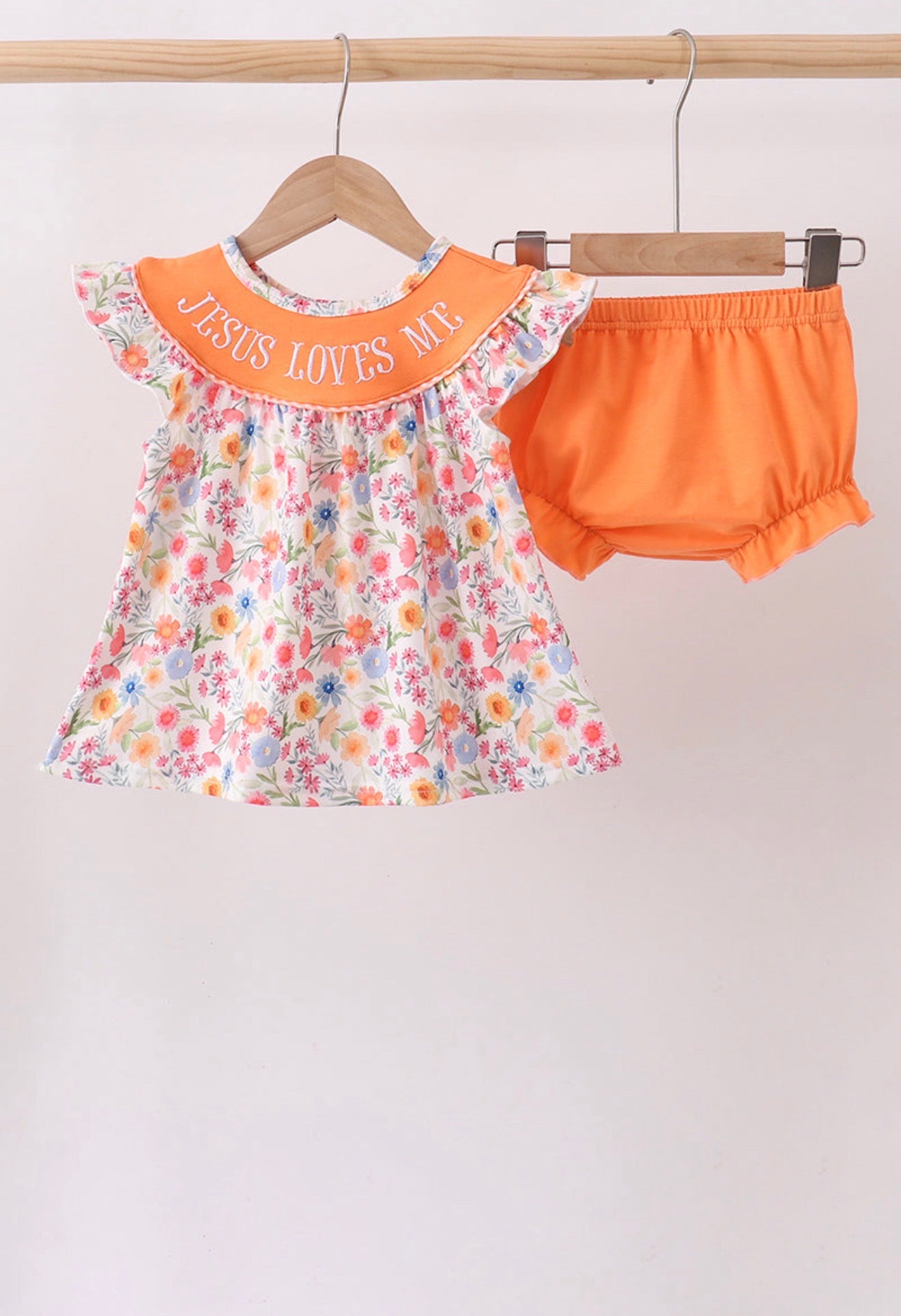 Coral Jesus Loves Me embroidered floral bloomer set