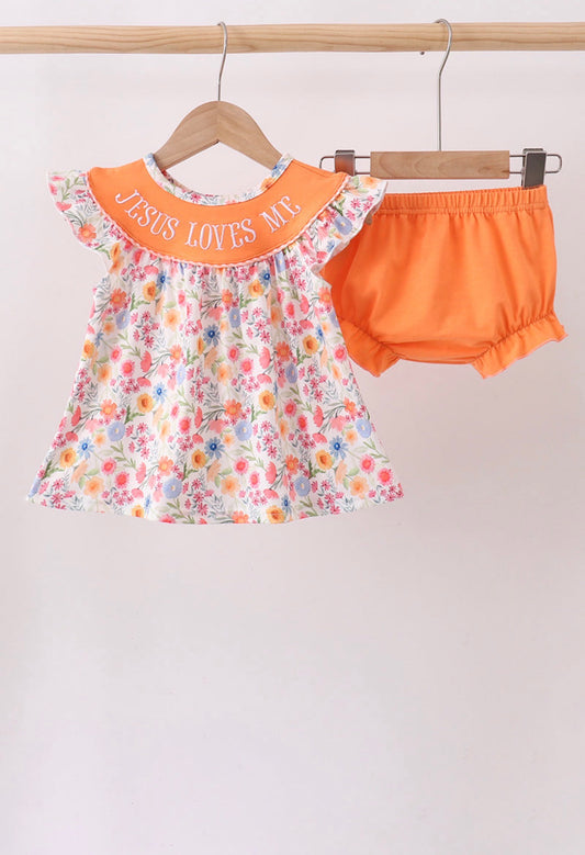 Coral Jesus Loves Me embroidered floral bloomer set