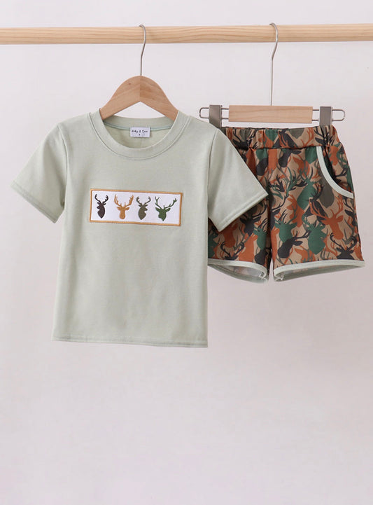 Camouflage deer antler embroidery shorts set