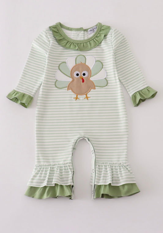 Sage turkey applique stripe girl’s ruffle romper