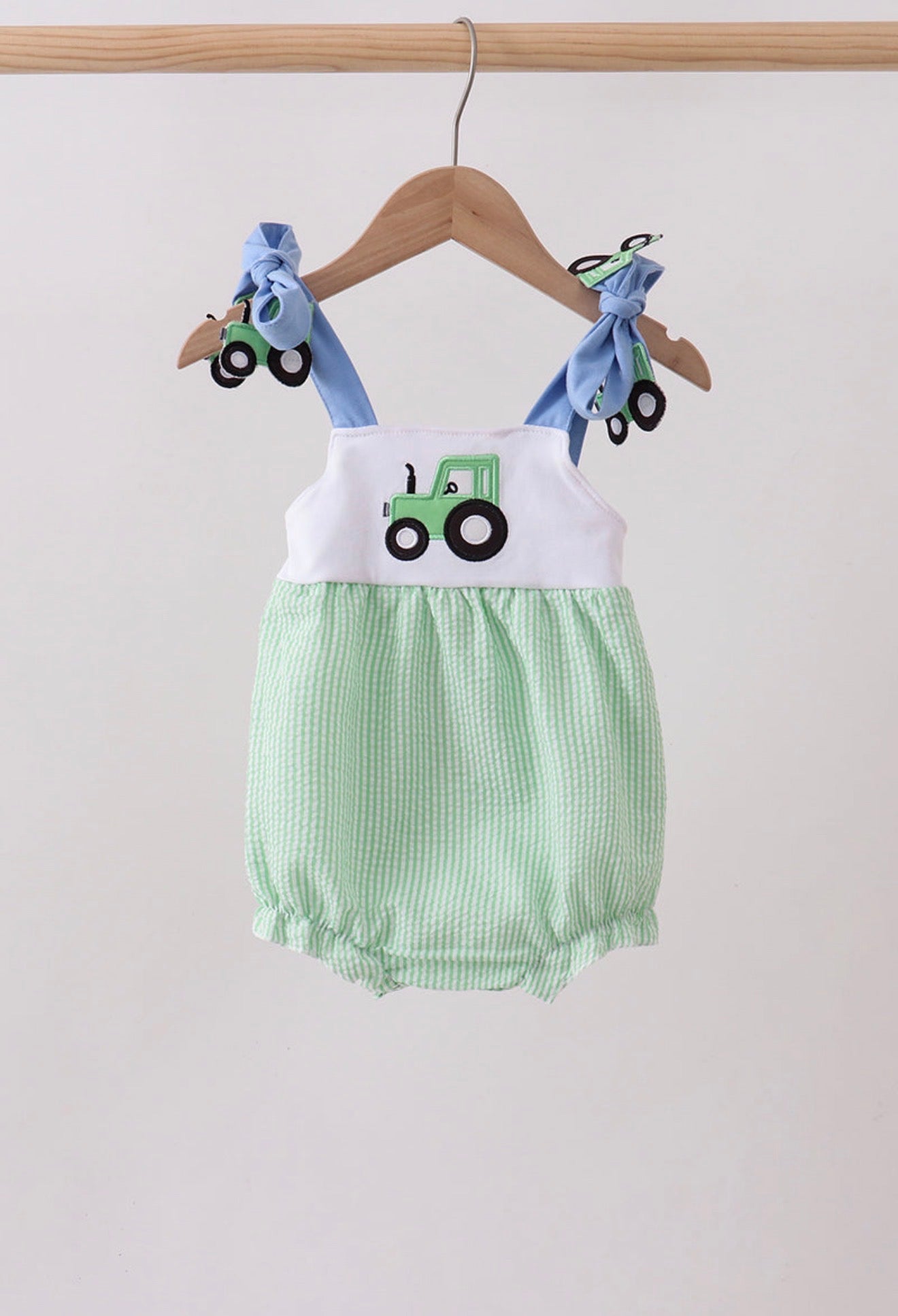 Green tractor appliqué seersucker bubble