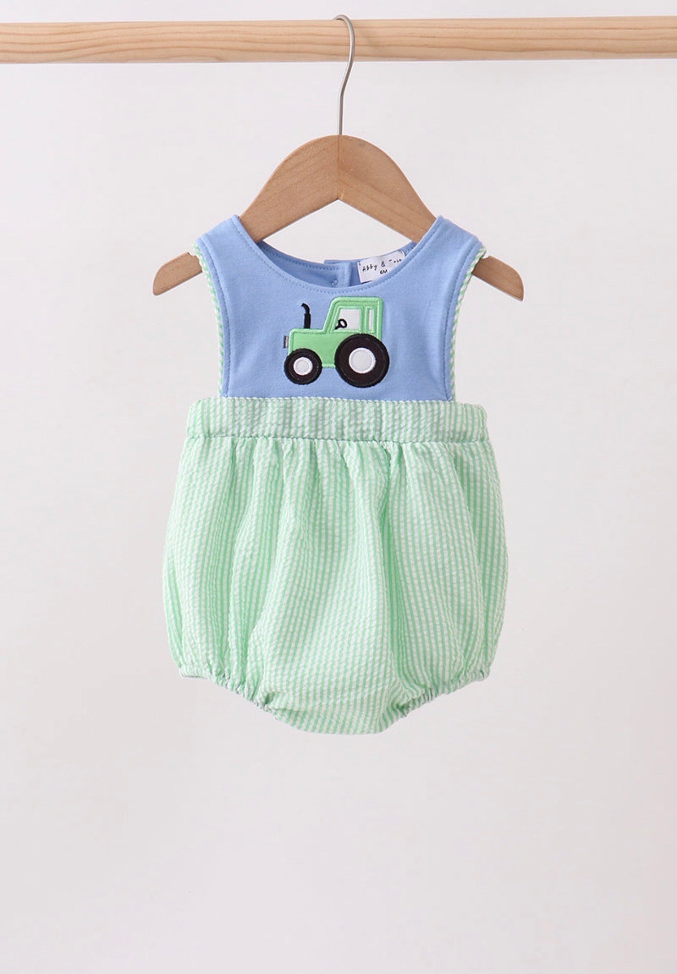 Blue tractor appliqué seersucker bubble