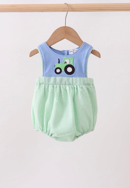 Blue tractor appliqué seersucker bubble