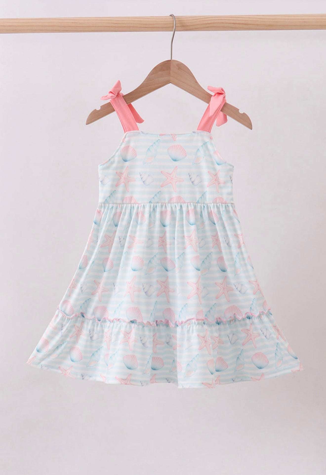 Pink shell starfish embroidery bow ruffle dress