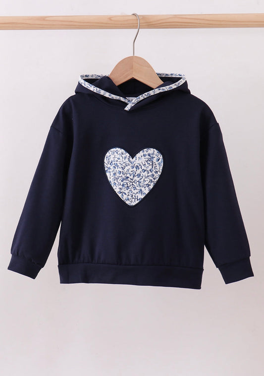 Navy heart floral appliqué hoodie