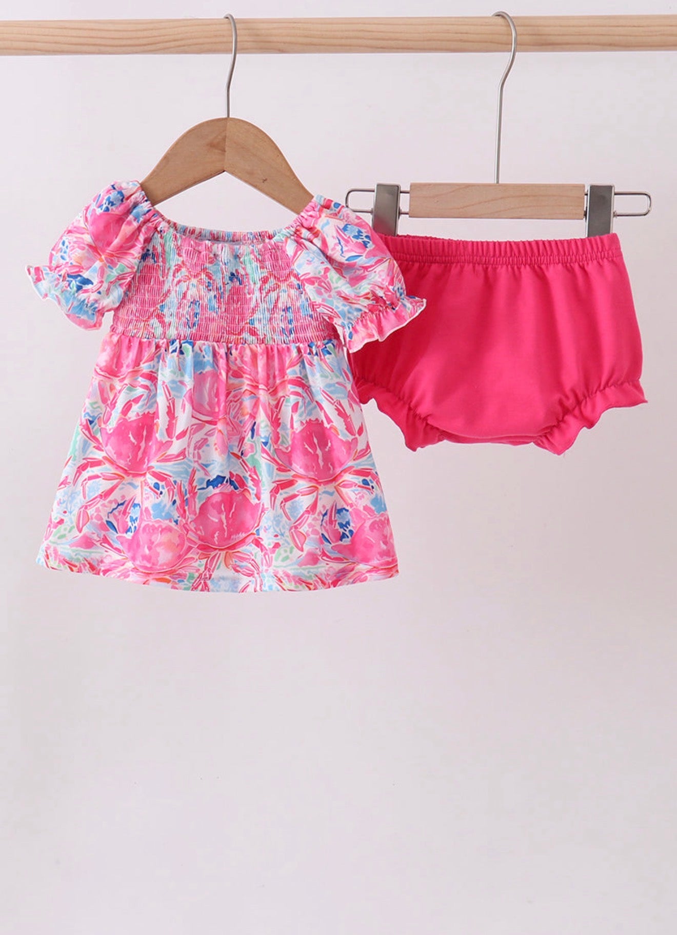 Pink floral smocked ruffle bloomer set