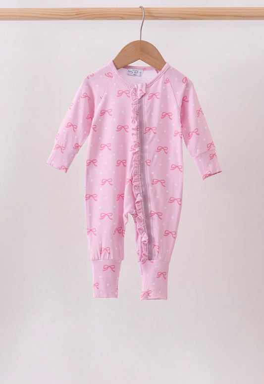 Pink bow print bamboo romper