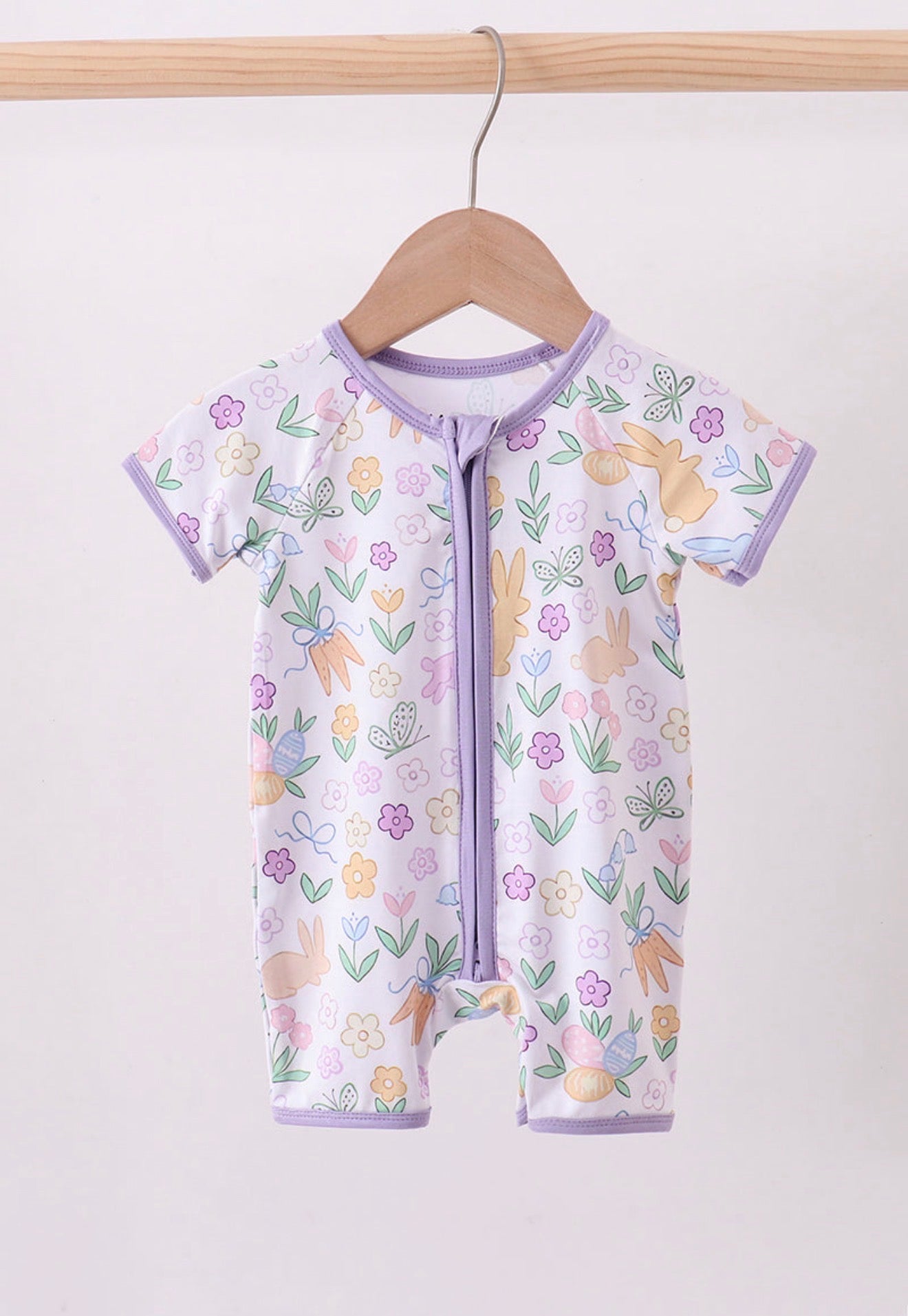 Purple floral print bamboo girl’s romper