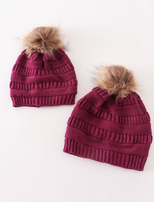 Kids and Adult Pompom Cable Beanie