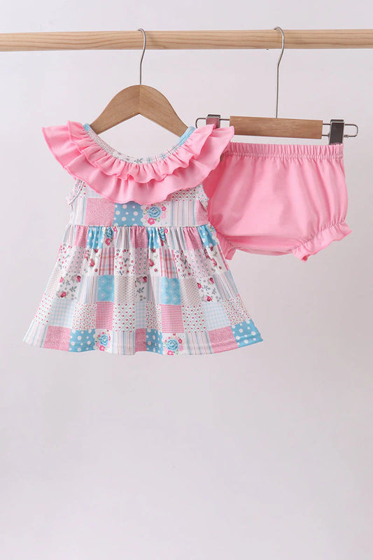 Pink patchwork floral ruffle bloomer set