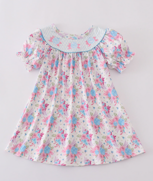 Blue petal meadow embroidery girl dress