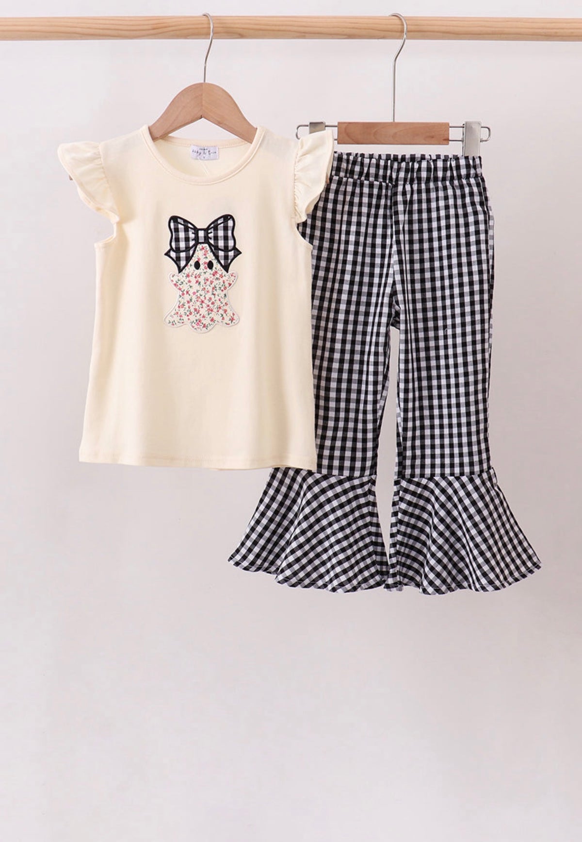 Beige ghost bow embroidery pants set