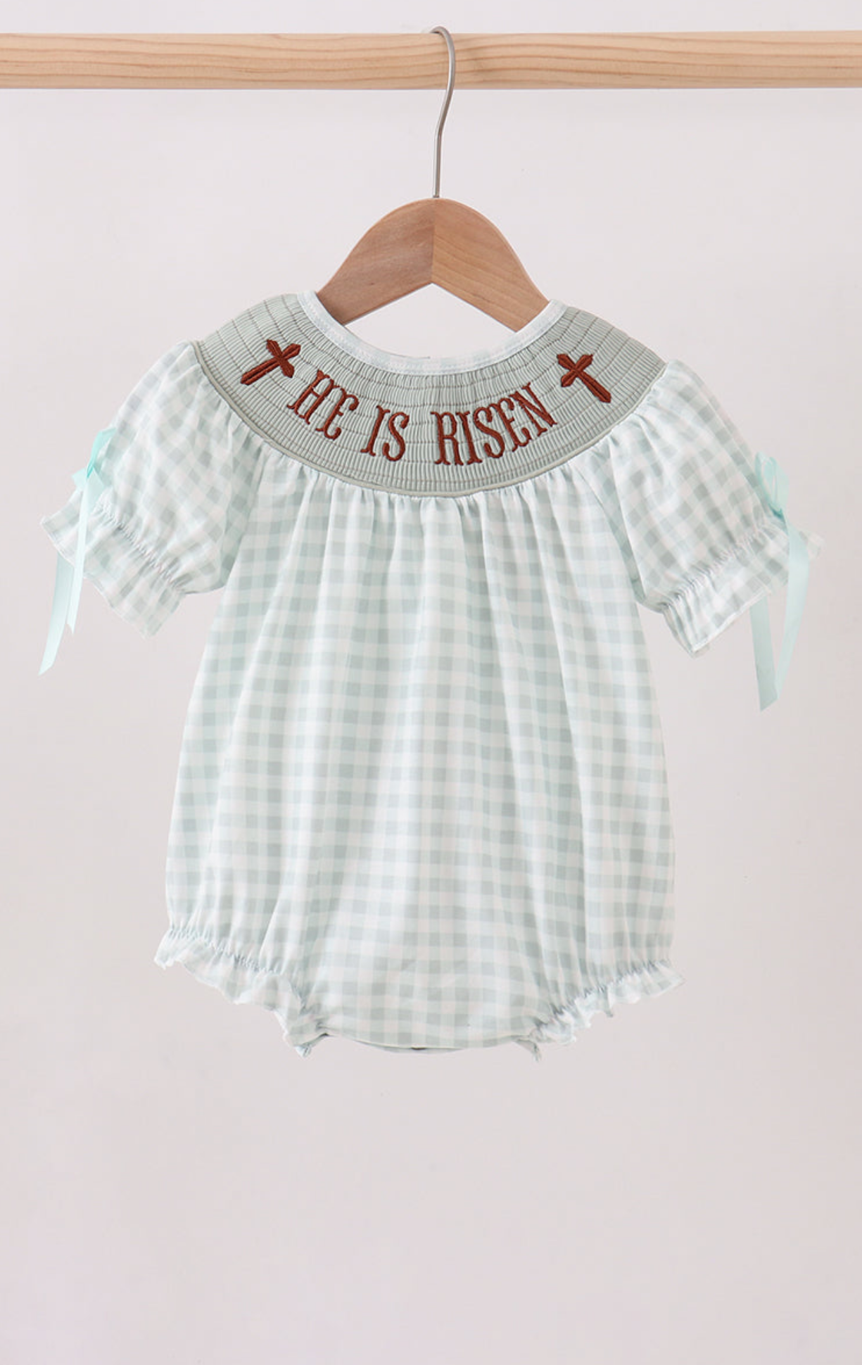 Sage He is Risen smocked girl’s gingham bubble