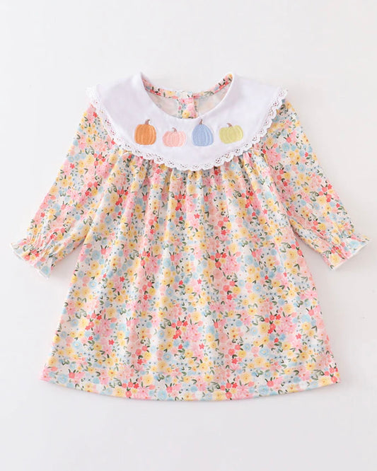 Floral print pumpkin embroidery girl dress
