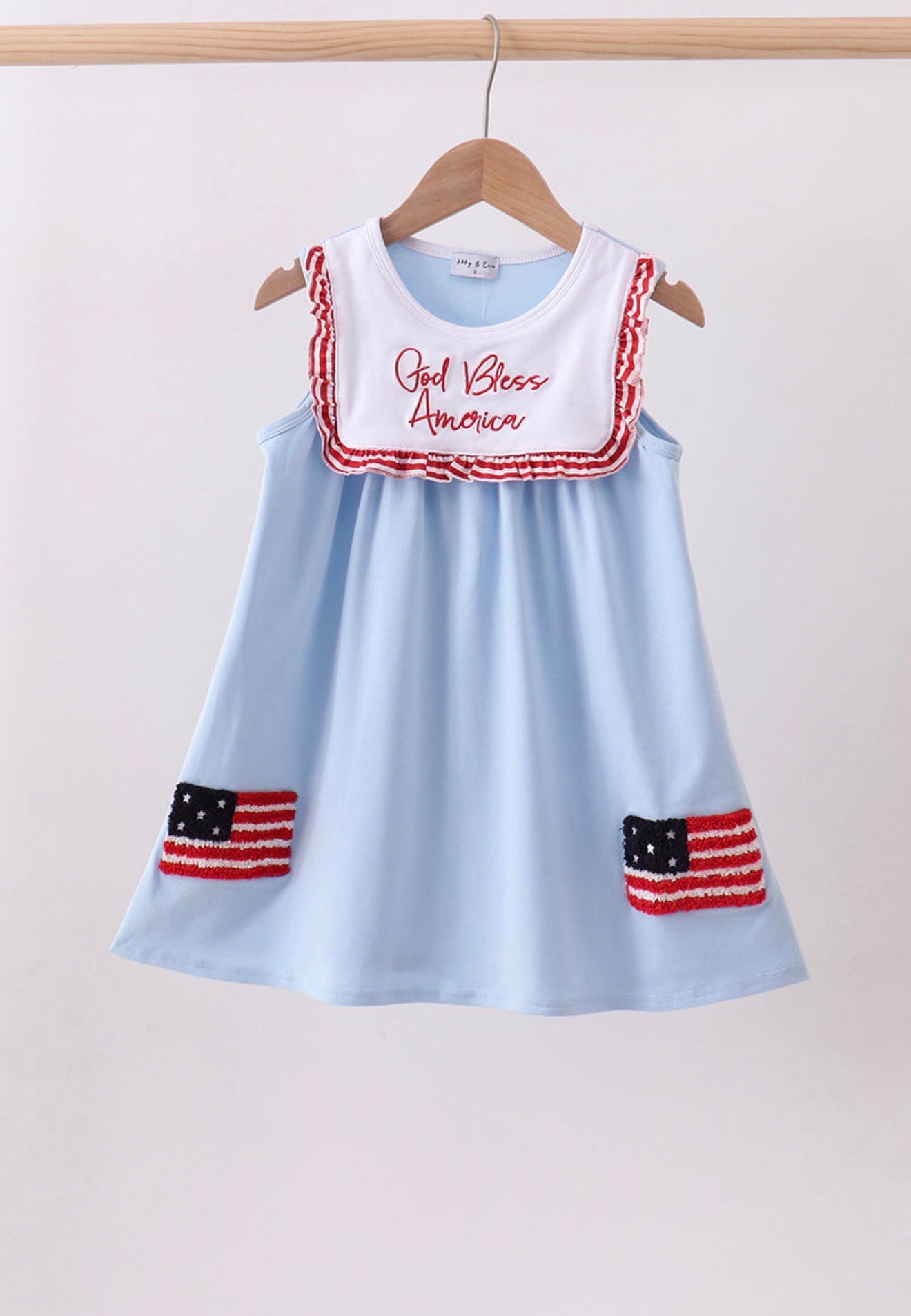 Blue God Bless America flag french knot ruffle dress