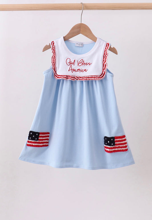 Blue God Bless America flag french knot ruffle dress