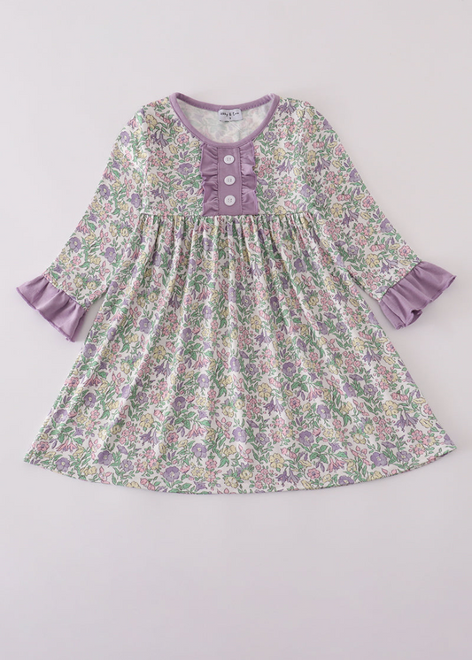 Purple floral print ruffle dress