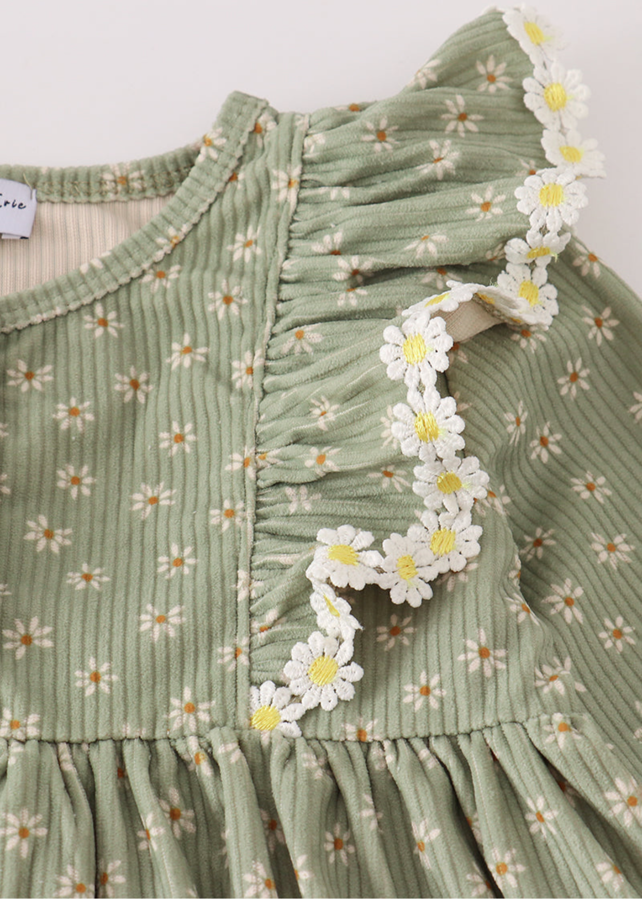 Green corduroy floral lace girl ruffle dress