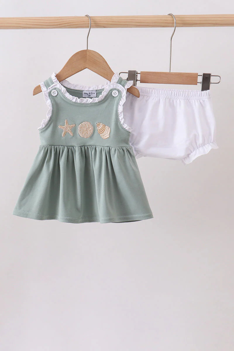 Sage starfish shell embroidery bloomer set