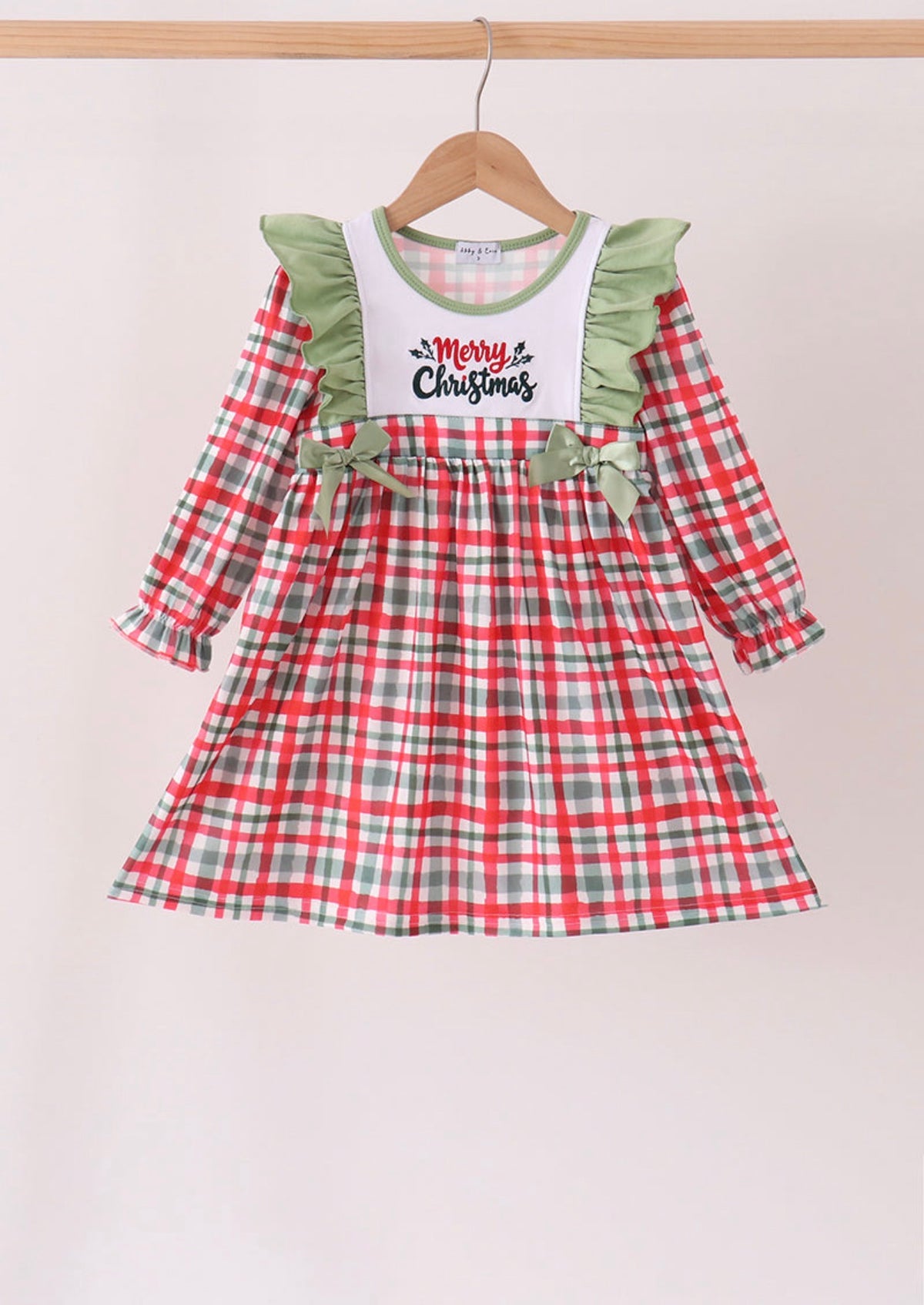 Green merry christmas embroidery plaid ruffle dress