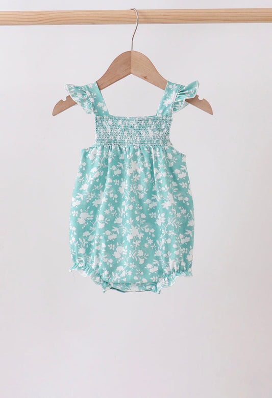 Sage floral smocked floral bubble