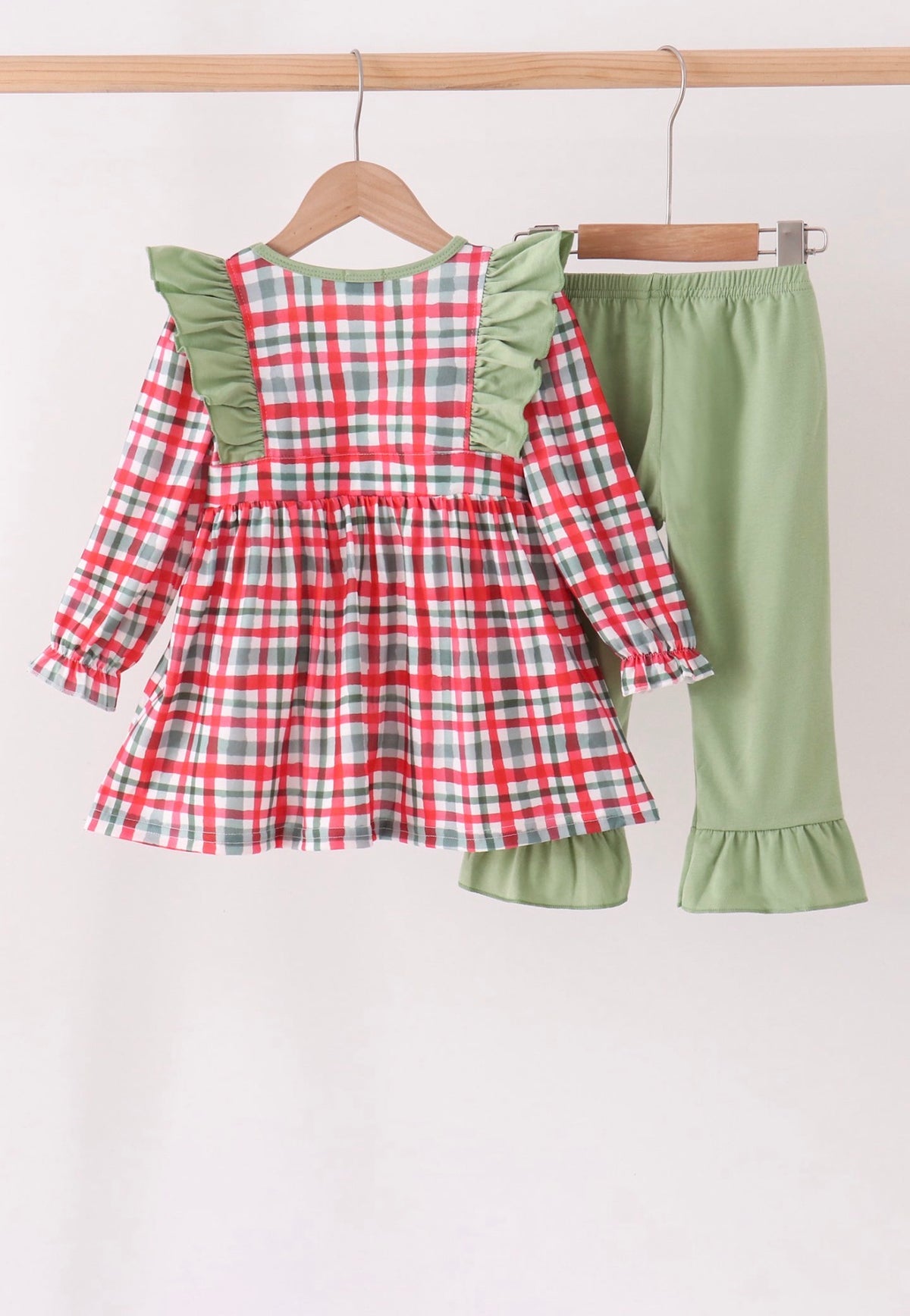Green merry christmas embroidery plaid ruffle pants set