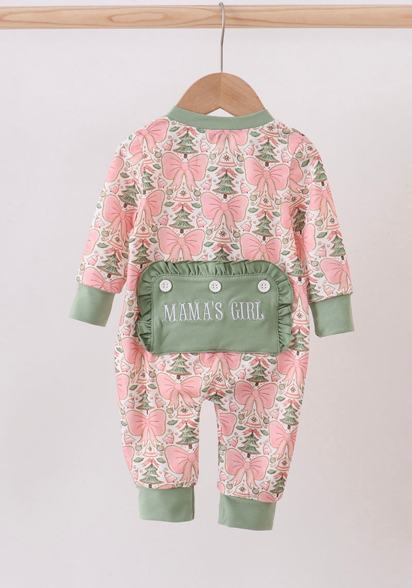 Green Christmas tree “Mama’s Girl” embroidery zipper romper