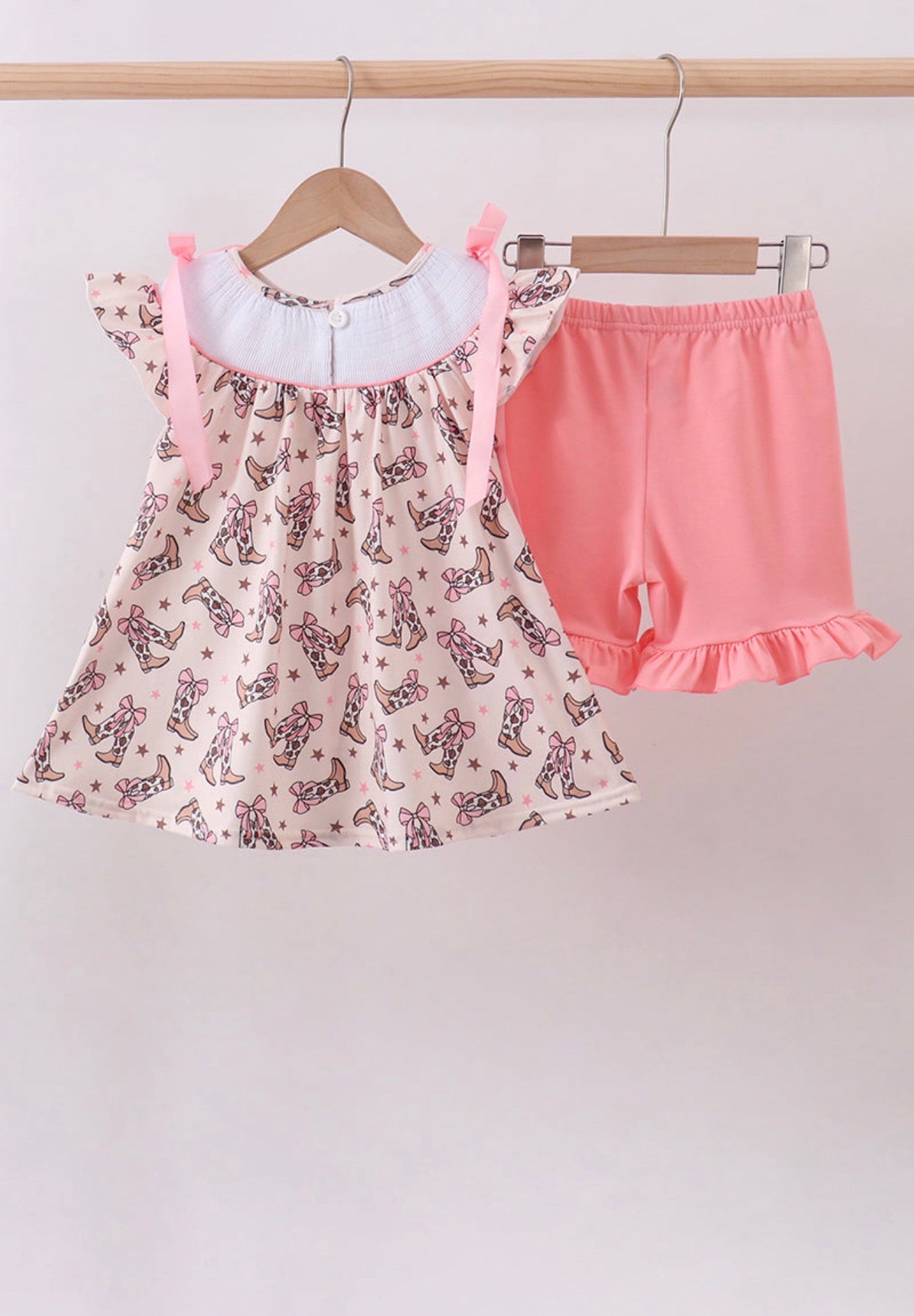 Western cowgirl boots smocked ruffle shorts set