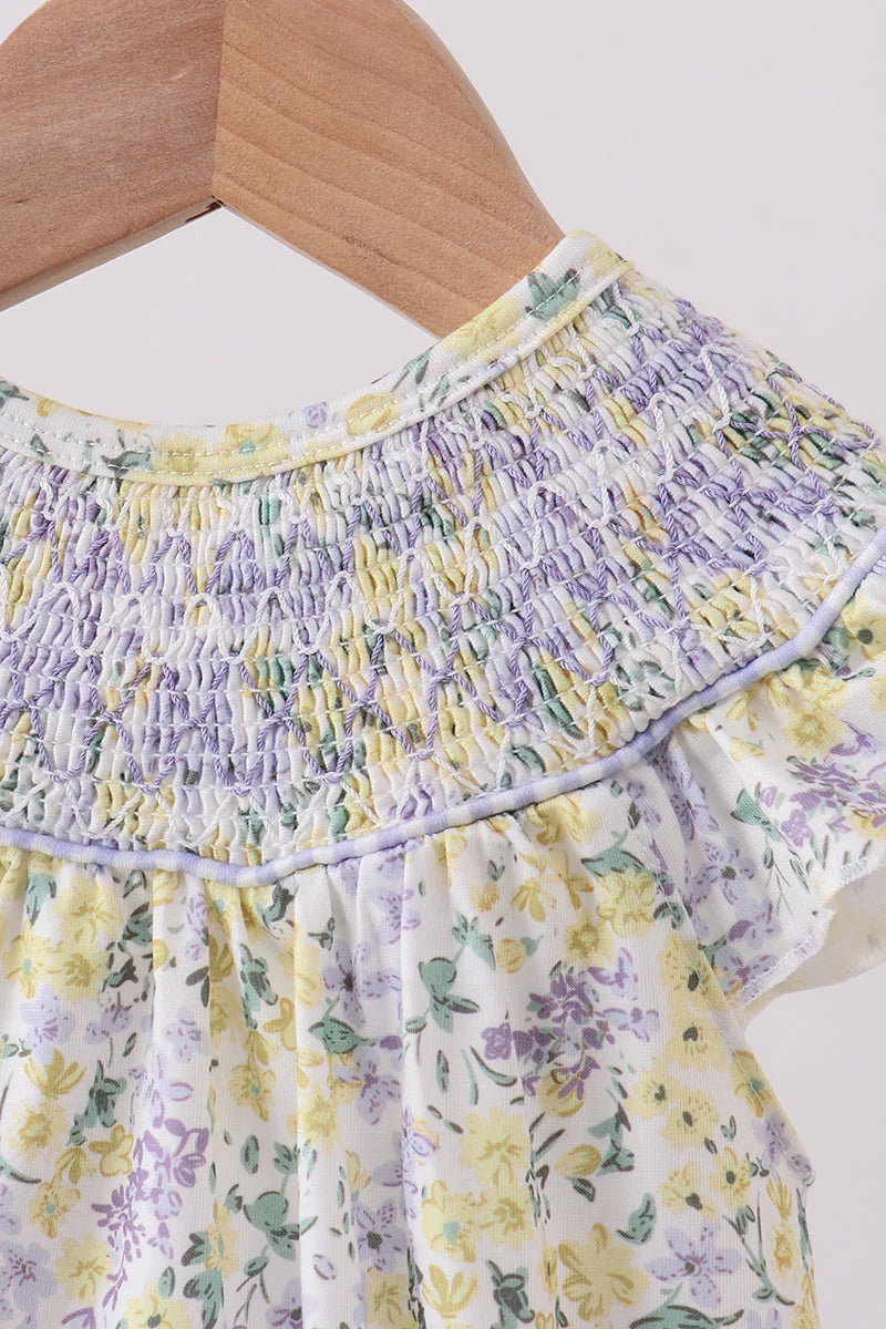 Golden meadow floral smocked ruffle bubble