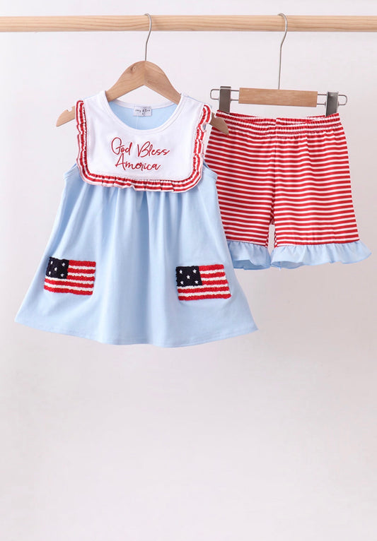 Blue God Bless America flag french knot ruffle shorts set