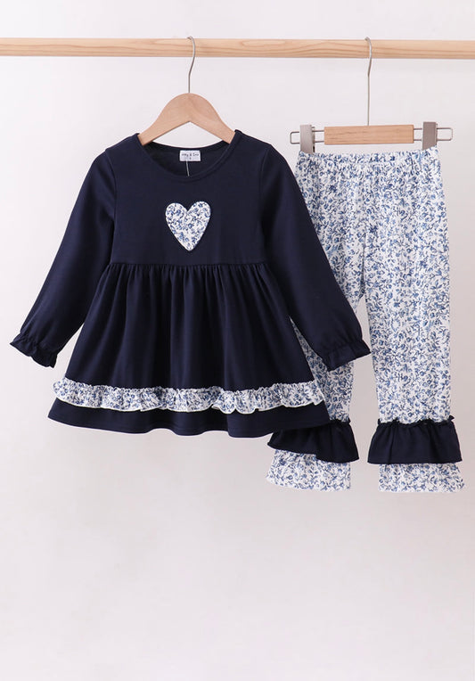 Navy heart floral appliqué set
