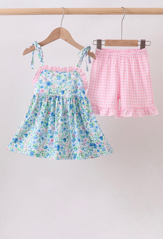 Blue floral ruffle shorts set