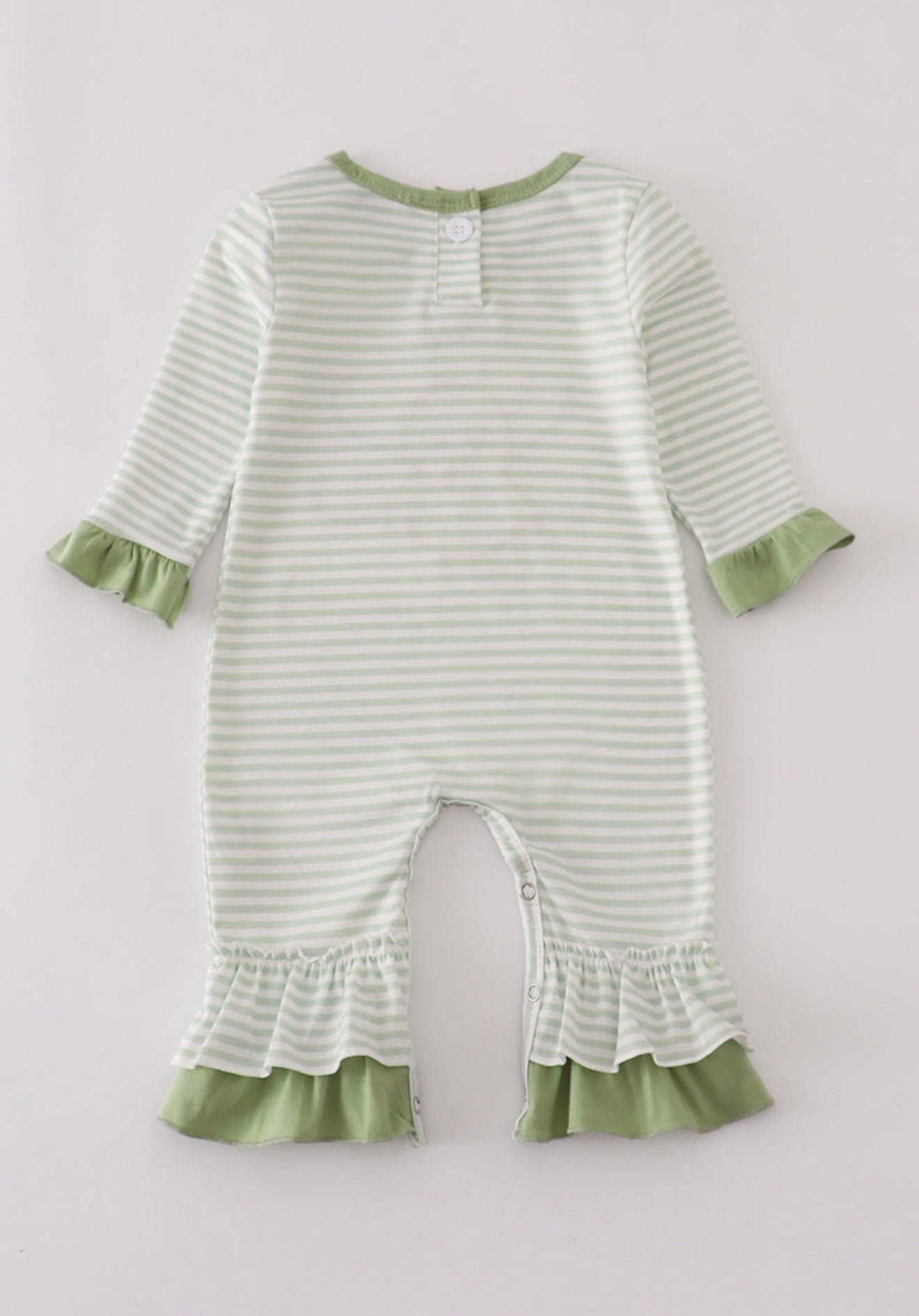 Sage turkey applique stripe girl’s ruffle romper