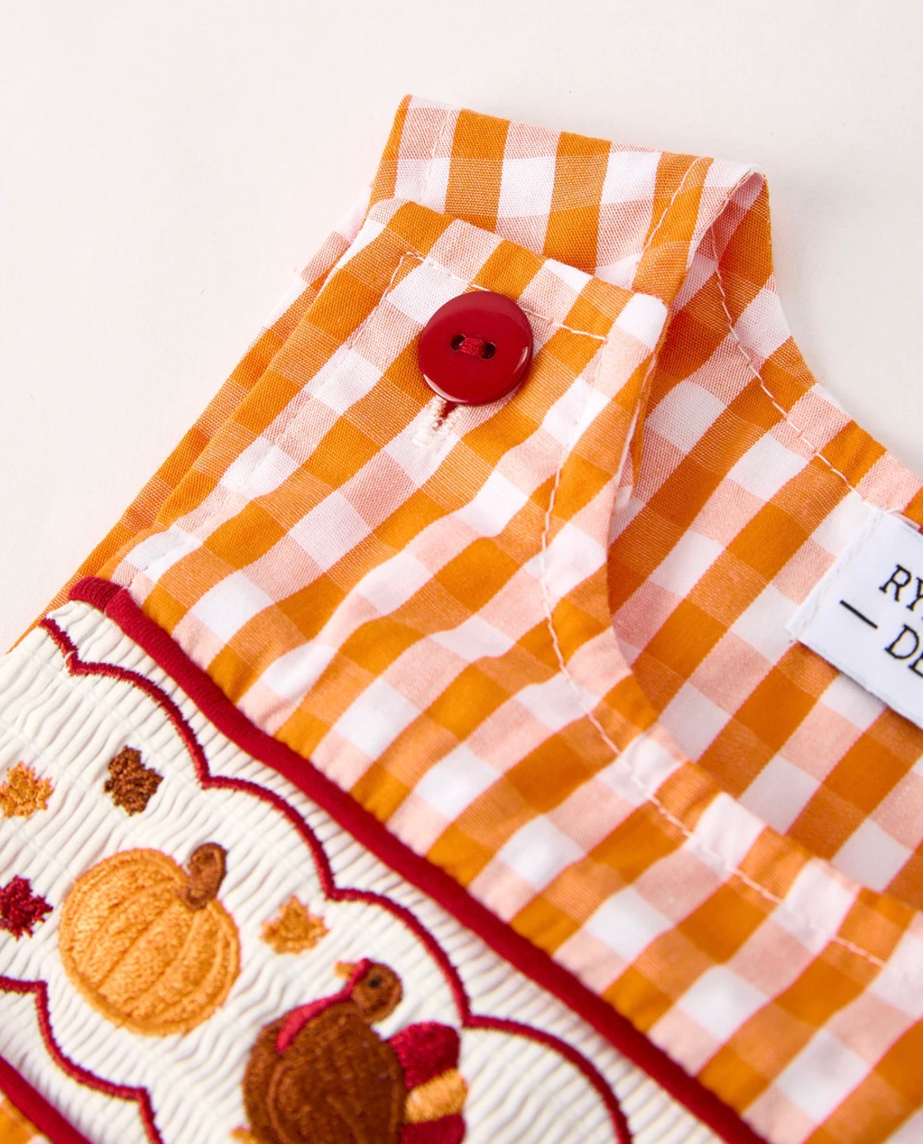 Fall Turkey Embroidered Romper for Baby Boys – Orange Checkered with Thanksgiving Details