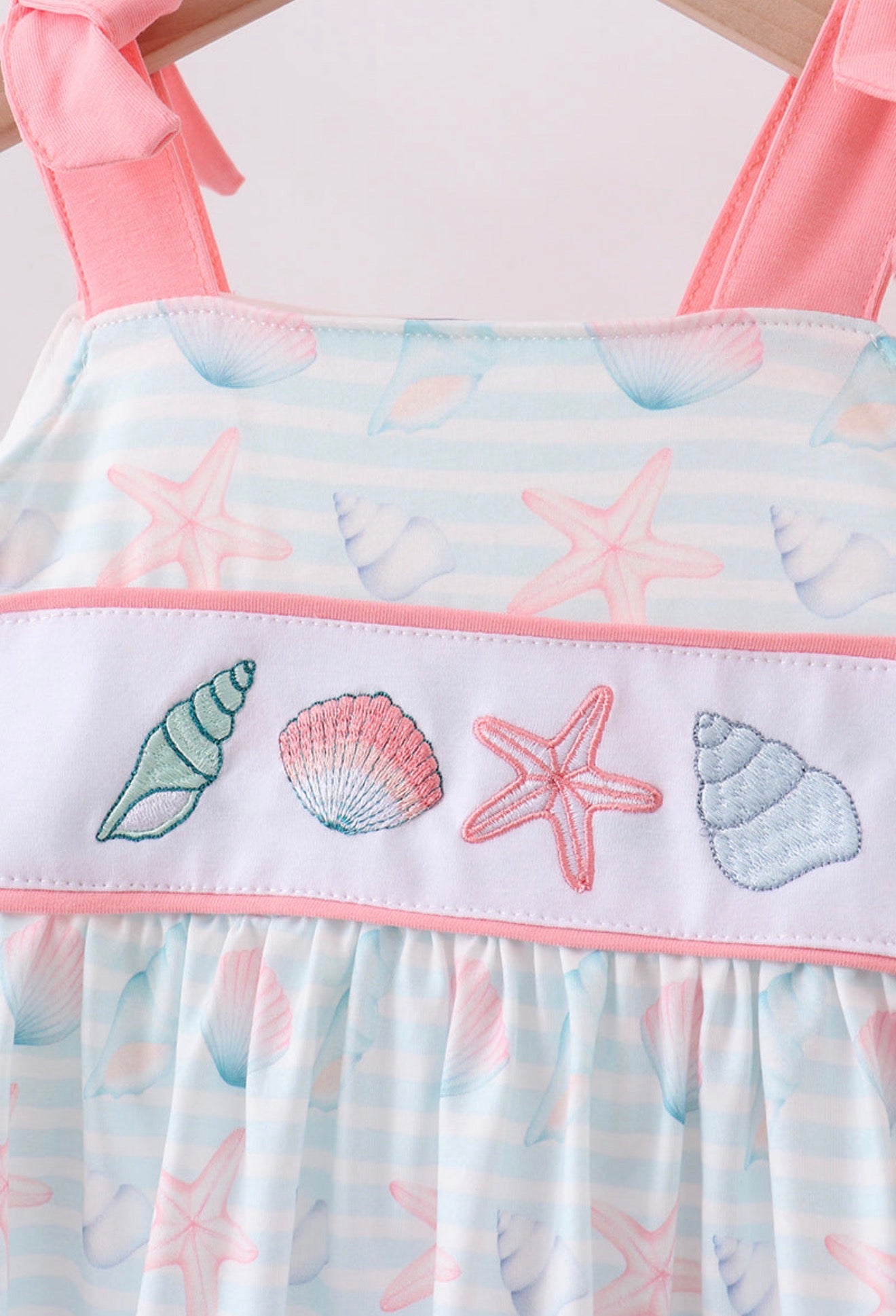 Pink shell starfish embroidery ruffle shorts set