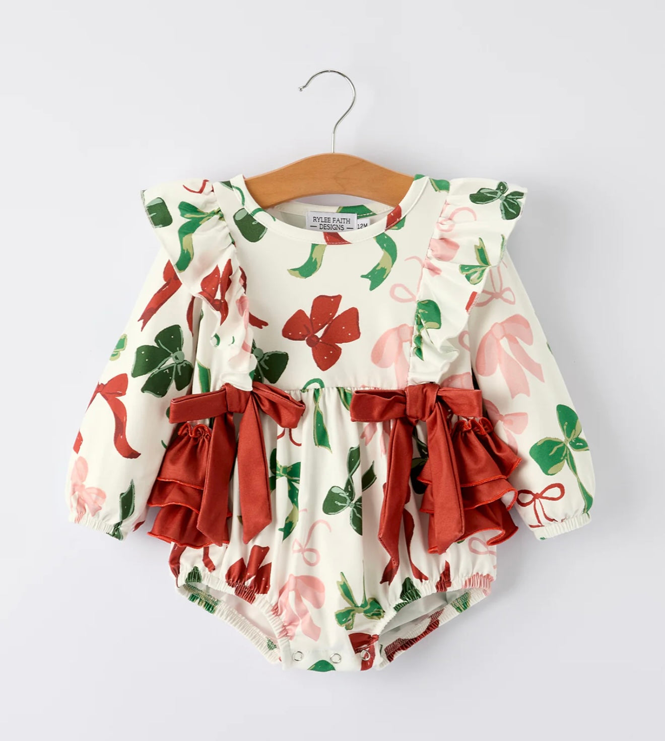 Holiday Print Christmas Baby Girl Romper with Bows