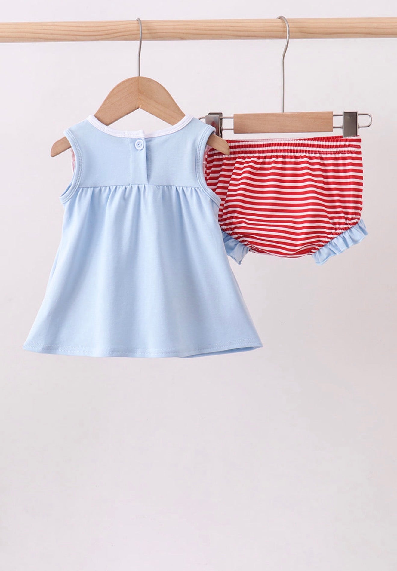 Blue God Bless America flag french knot ruffle bloomer set