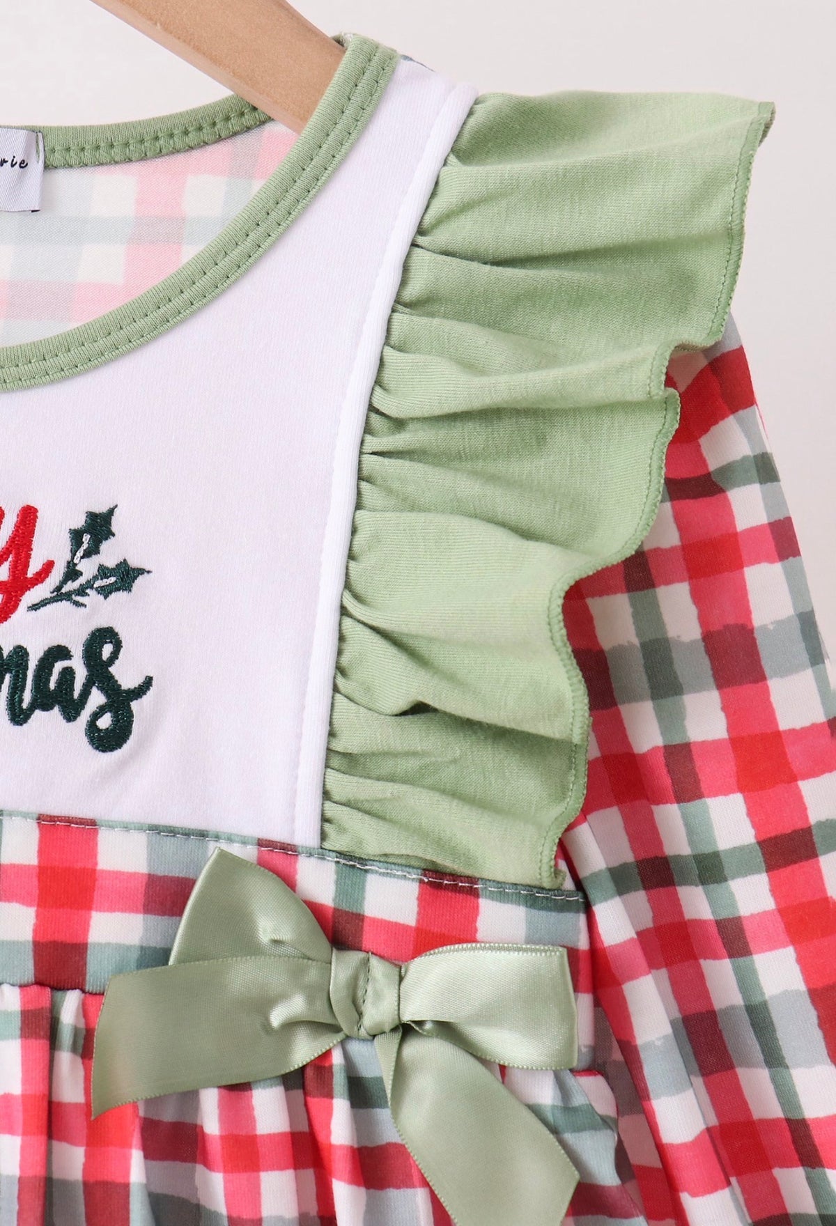 Green Merry Christmas embroidery plaid ruffle romper